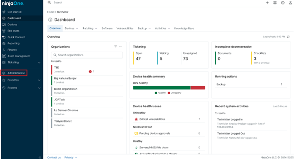 Administration tab from Overview Dashboard
