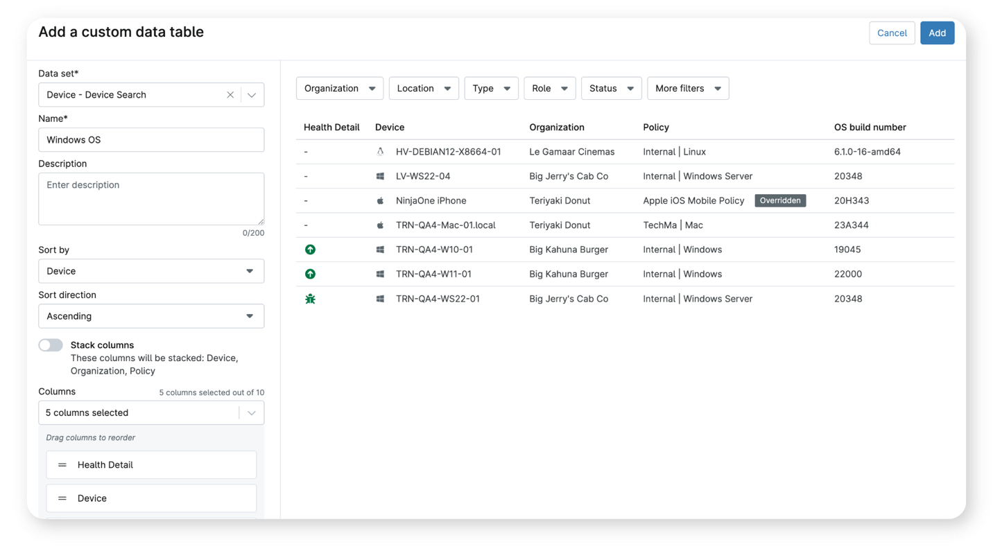 Captura de pantalla de adición de tablas de datos a los informes de síntesis