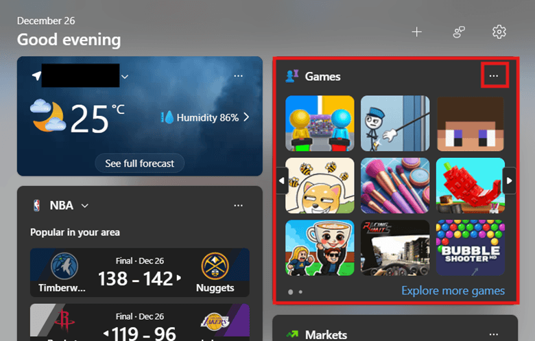 Hover over the widget to remove, then select More options button 