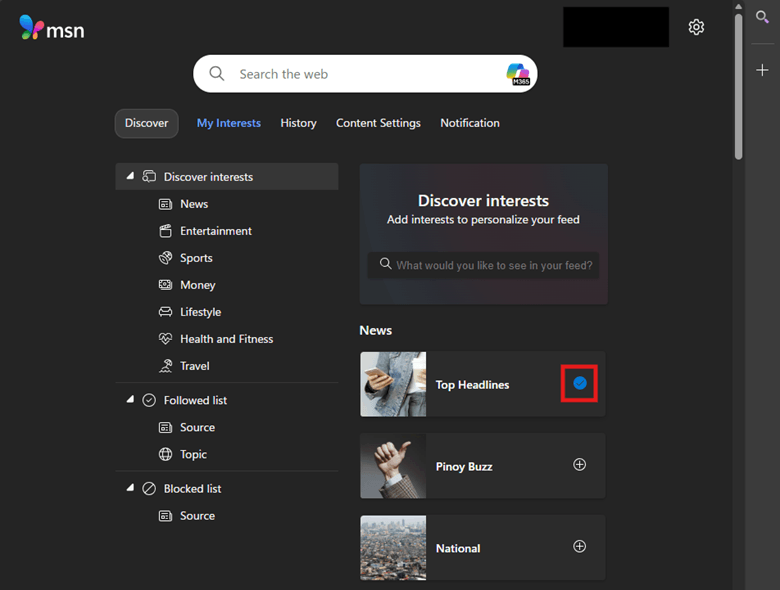 Remove a previously added interest, select the check mark beside