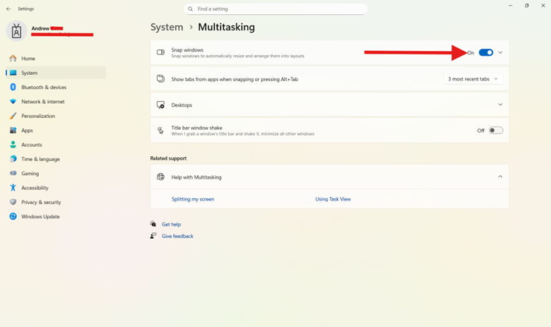 go to system, multitasking and toggle on or off for snap layouts features