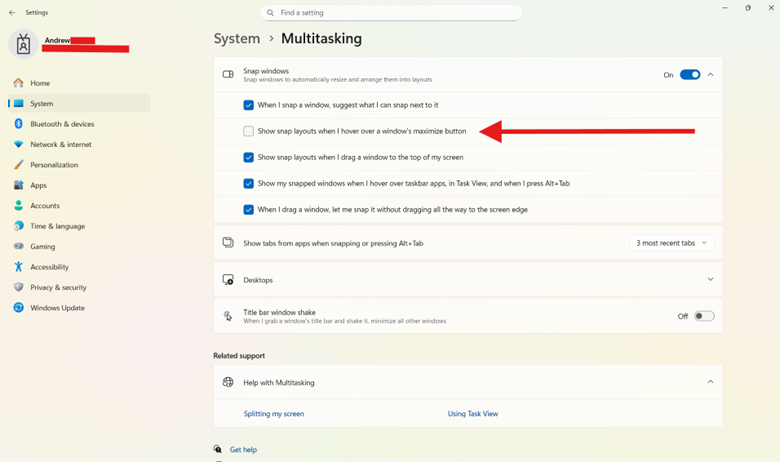 tick the box next to&nbsp;Show Snap Layouts when I hover over a window's maximize button.