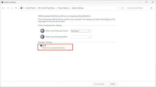 Lock under Shutdown Settings