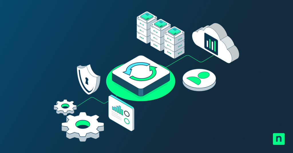 Automation workflow illustration with sync arrows, cloud storage, servers, analytics, and security icons