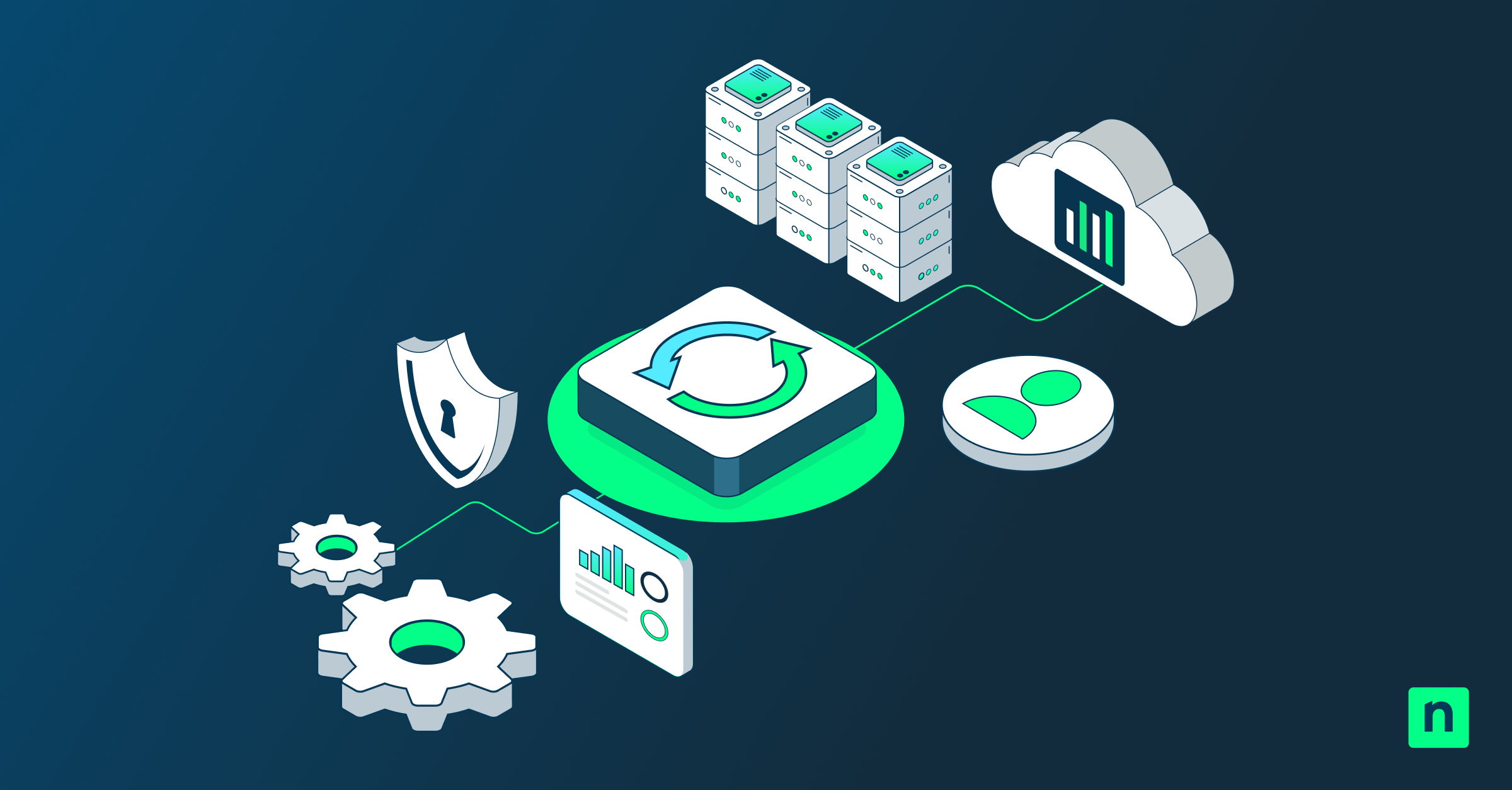 Automation workflow illustration with sync arrows, cloud storage, servers, analytics, and security icons