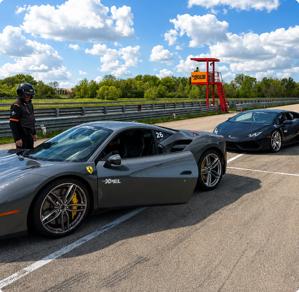 Two sports cars lined up on a racetrack with a track marshal standing nearby