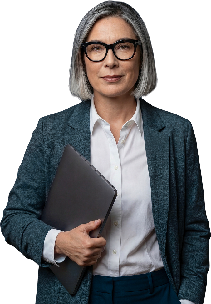 A professional woman with short gray hair and glasses holding a laptop, wearing a blazer