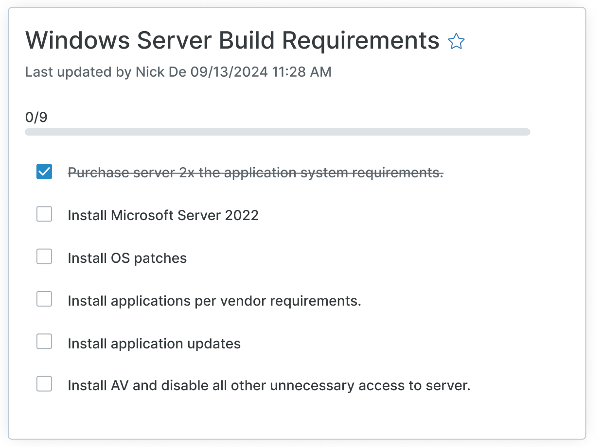 IT documentation checklist showing Windows Server build requirements and deployment tasks