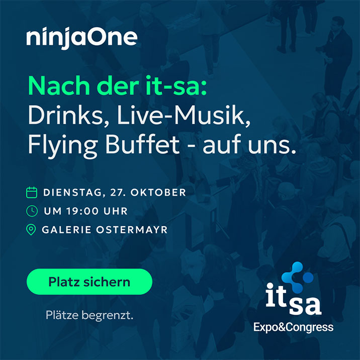 NinjaOne it-sa event invitation for October 27 at 7:00 PM at Galerie Ostermayr, featuring drinks, live music, and a flying buffet.