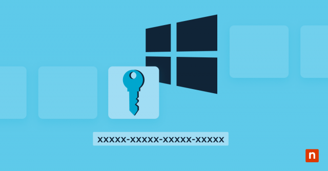 Ilustración con el logotipo de Windows y una clave que representa cómo encontrar una clave de producto de Windows 10 mediante CMD o PowerShell