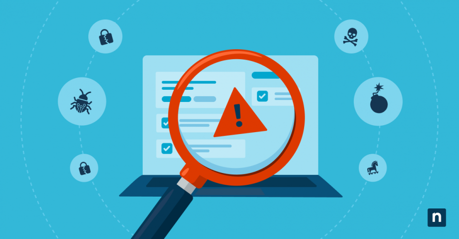 A caution sign inside a magnifying glass is in front of a computer for a blog about priorización de vulnerabilidades