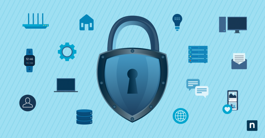 Ilustración con un escudo y varios dispositivos IoT que representan, Cómo proteger los dispositivos IoT