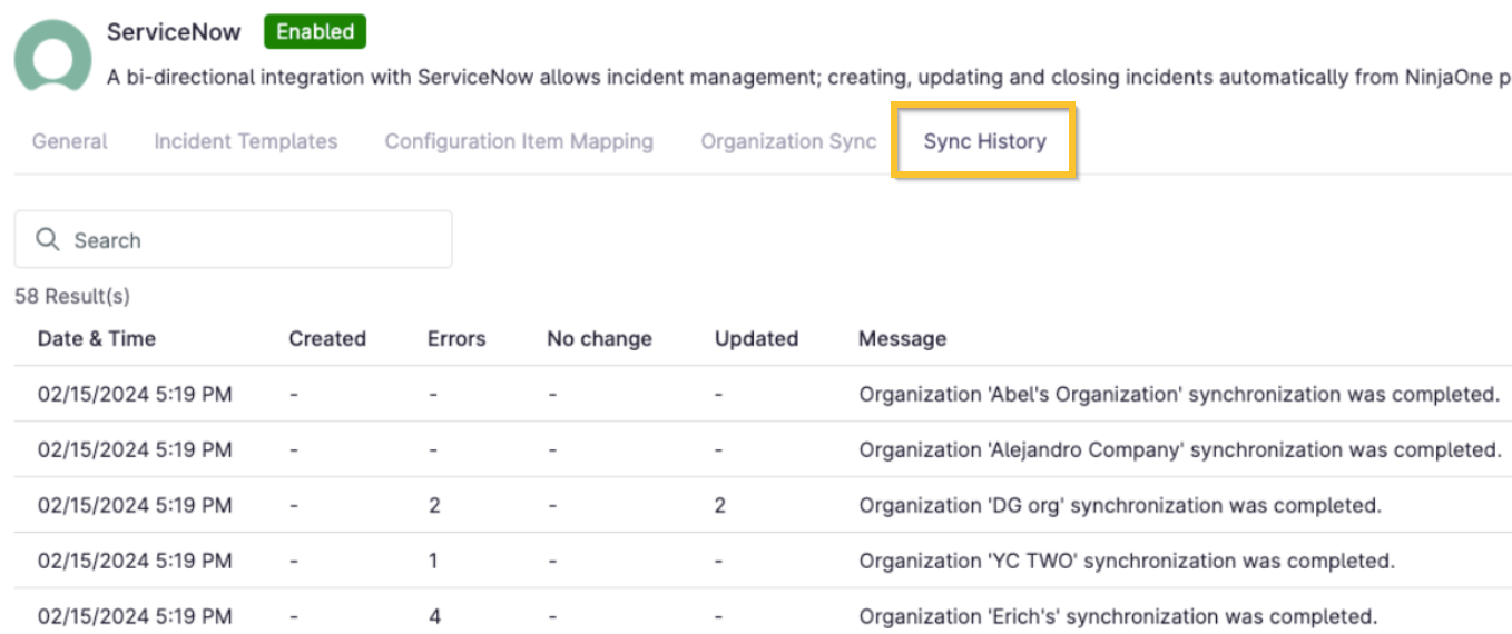 View ServiceNow Sync History - NinjaOne