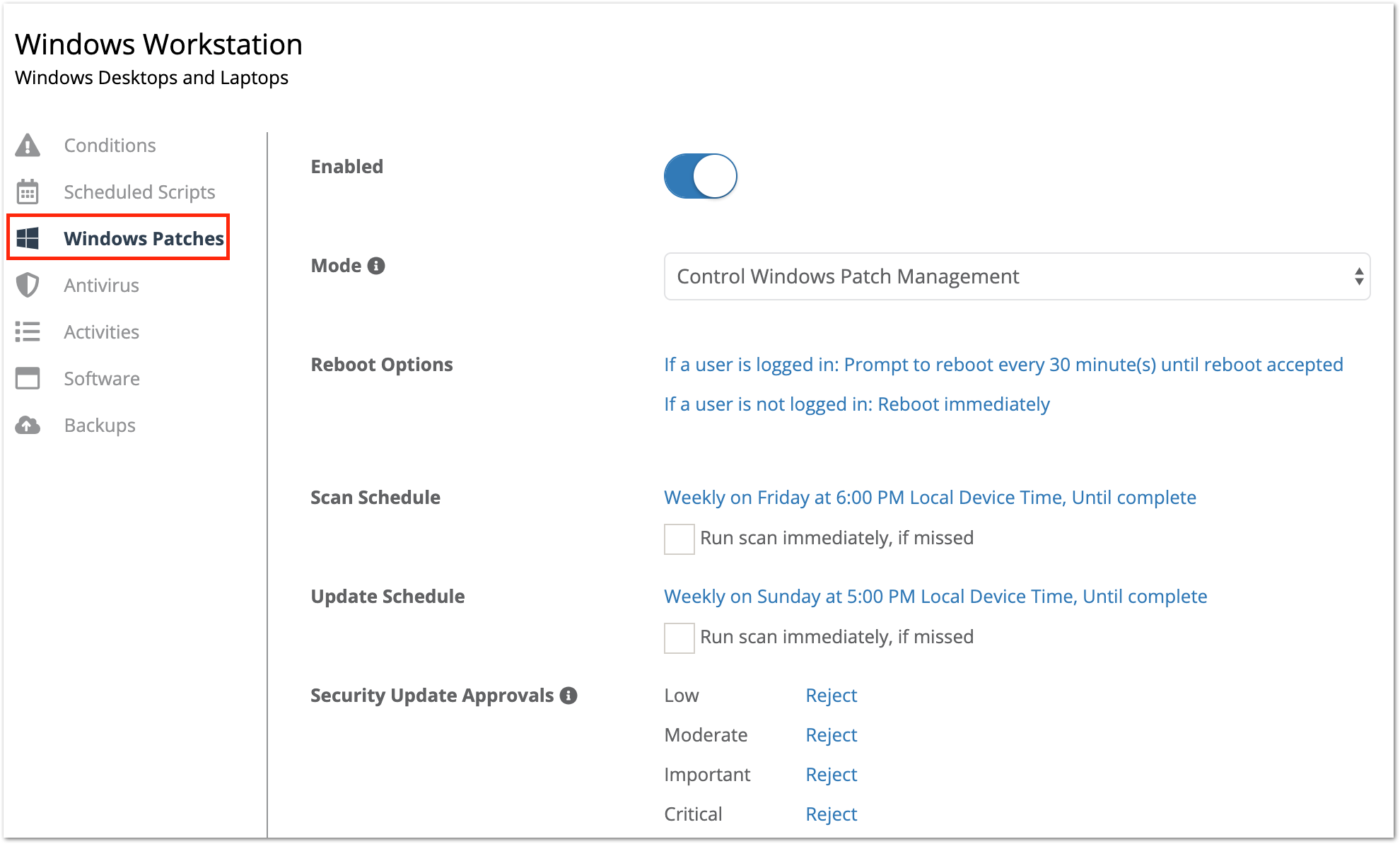 Windows Patches tab in the NinjaOne policy editor