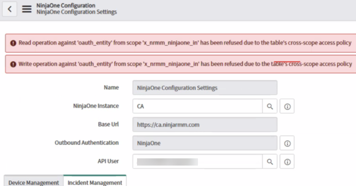 Integración de NinjaOne: Solución de problemas del error de ServiceNow ...
